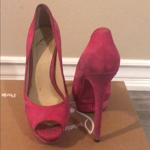 Pink glitter suede Brian Atwood pumps